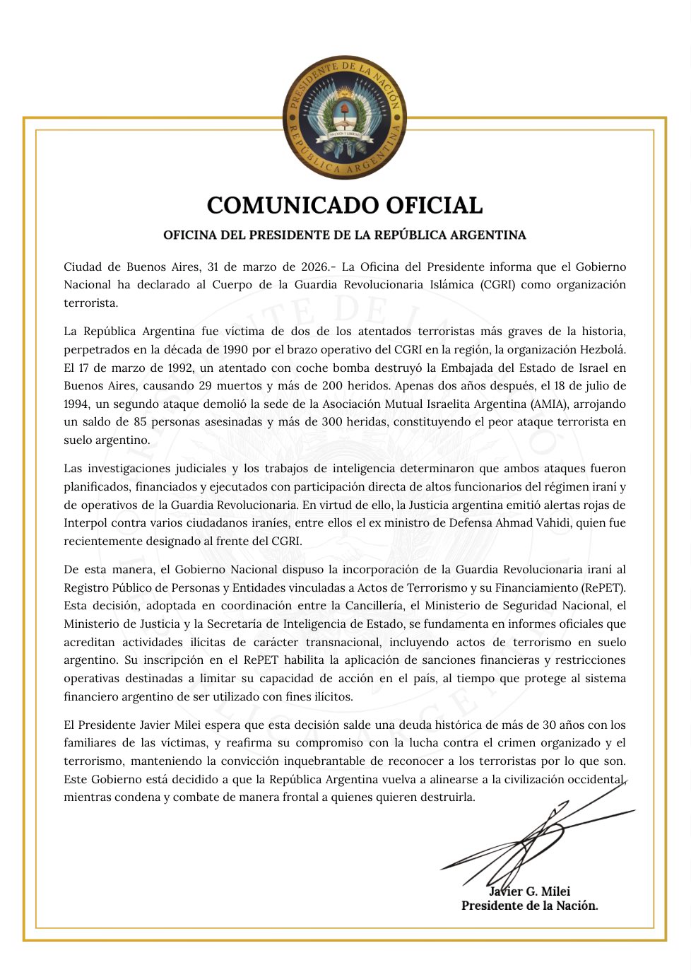 The official statement of the Government.