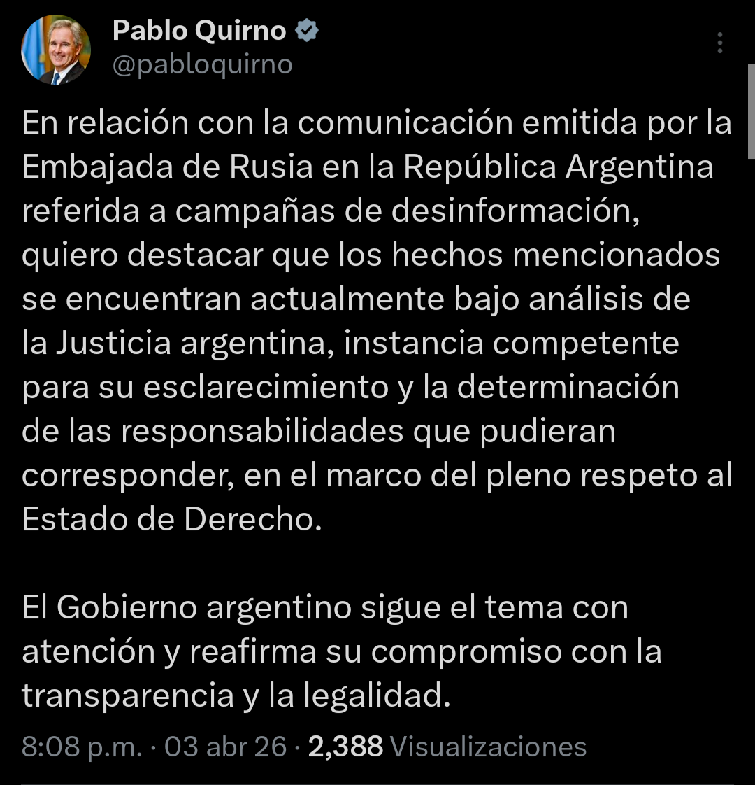The response of Foreign Minister Pablo Quirno.