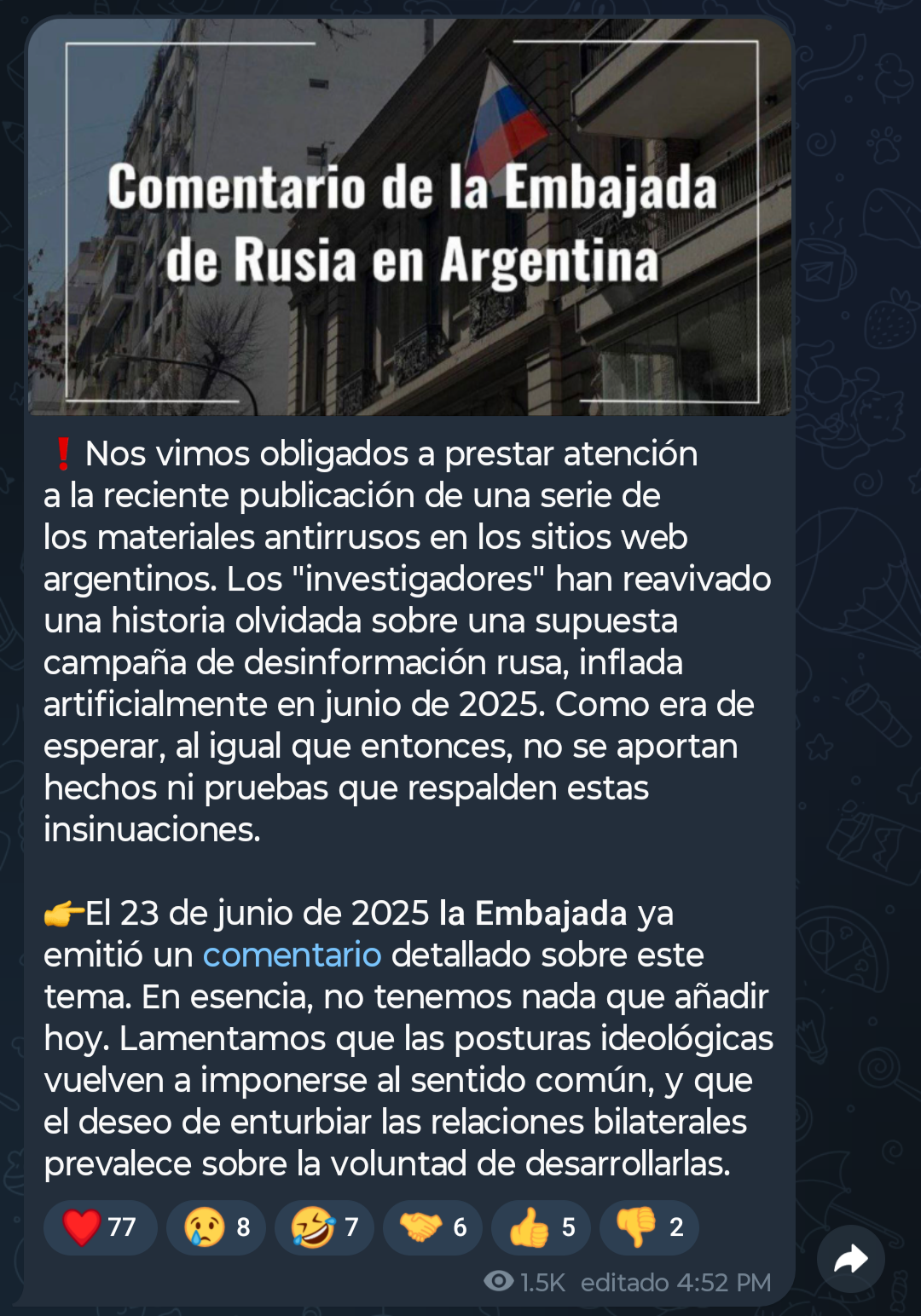 The statement released by the Russian embassy on Telegram.