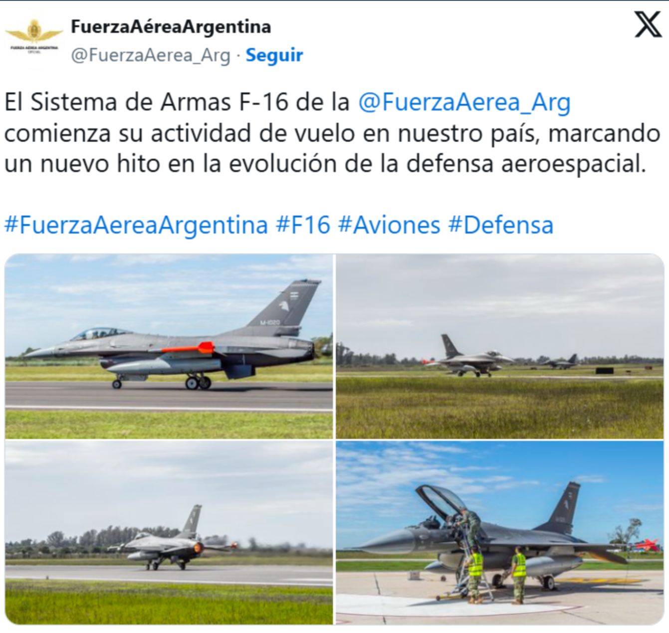 La publicación en la red social X de la Fuerza Aérea Argentina comunicando el inicio de actividades de vuelo de los F-16 en Las Higueras, Río Cuarto.