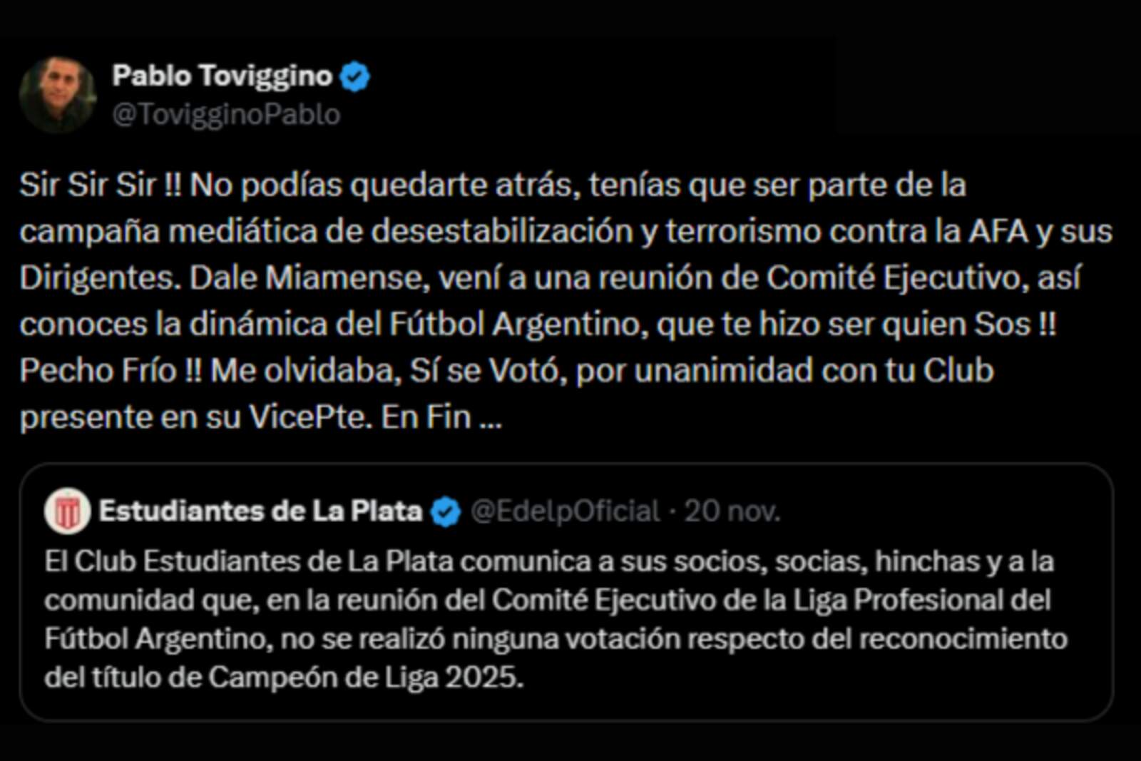 Uno de los posteos de Toviggino contra Verón