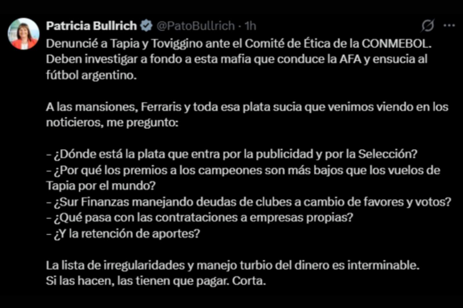 El posteo de Bullrich en X anunciando la denuncia
