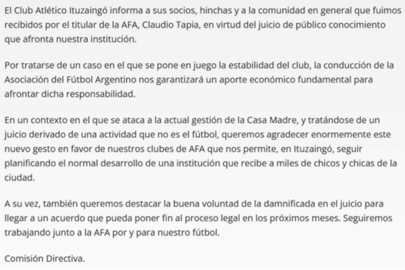 El comunicado del club