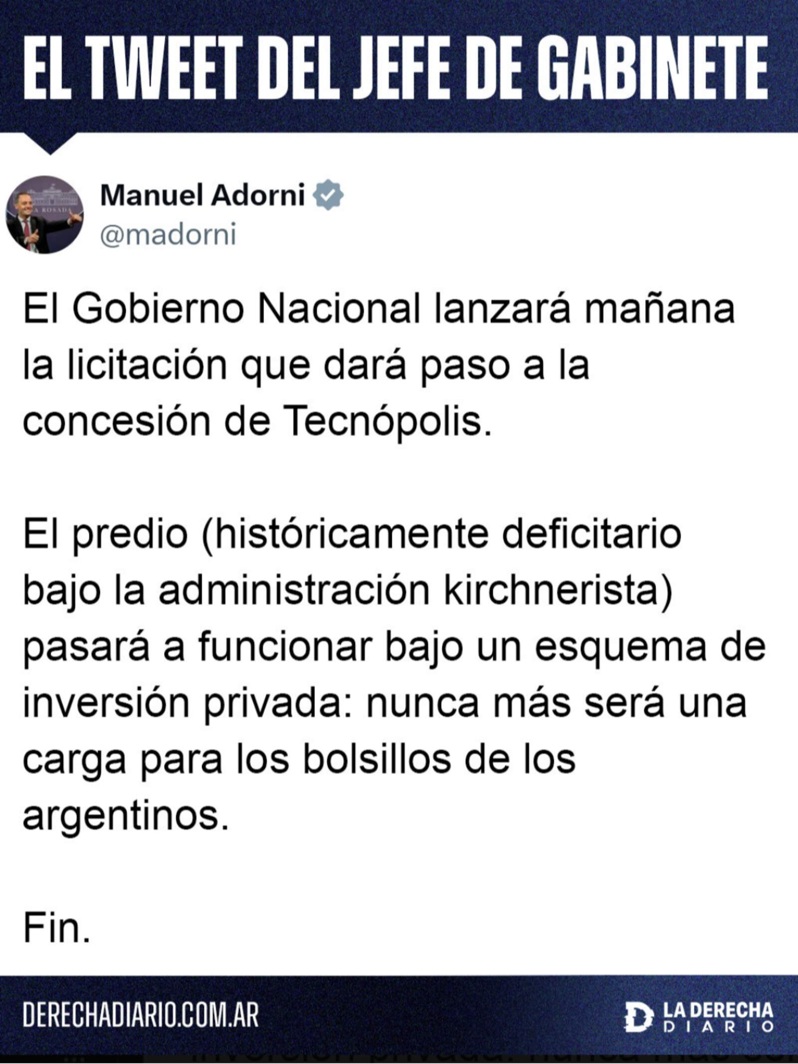 Publicación de Manuel Adorni