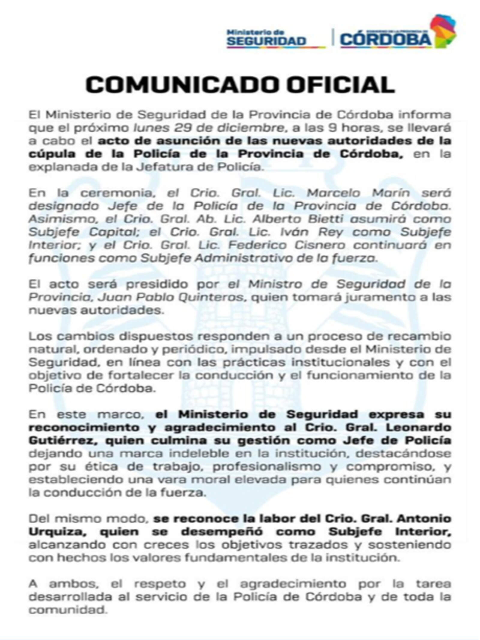 Comunicado oficial con la designación de Marcelo Marín como el próximo jefe de la policía