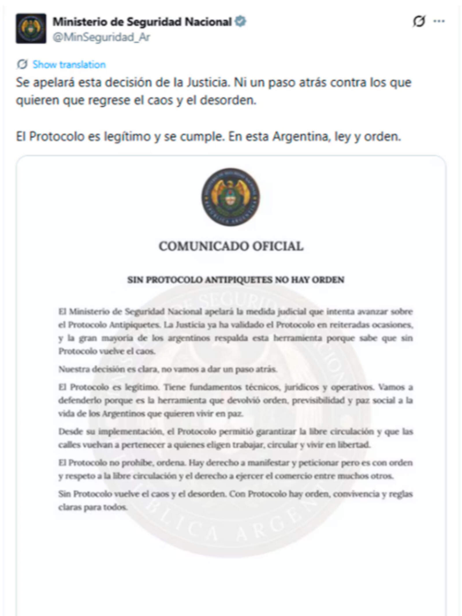 El ministerio de Seguridad Nacional en X: