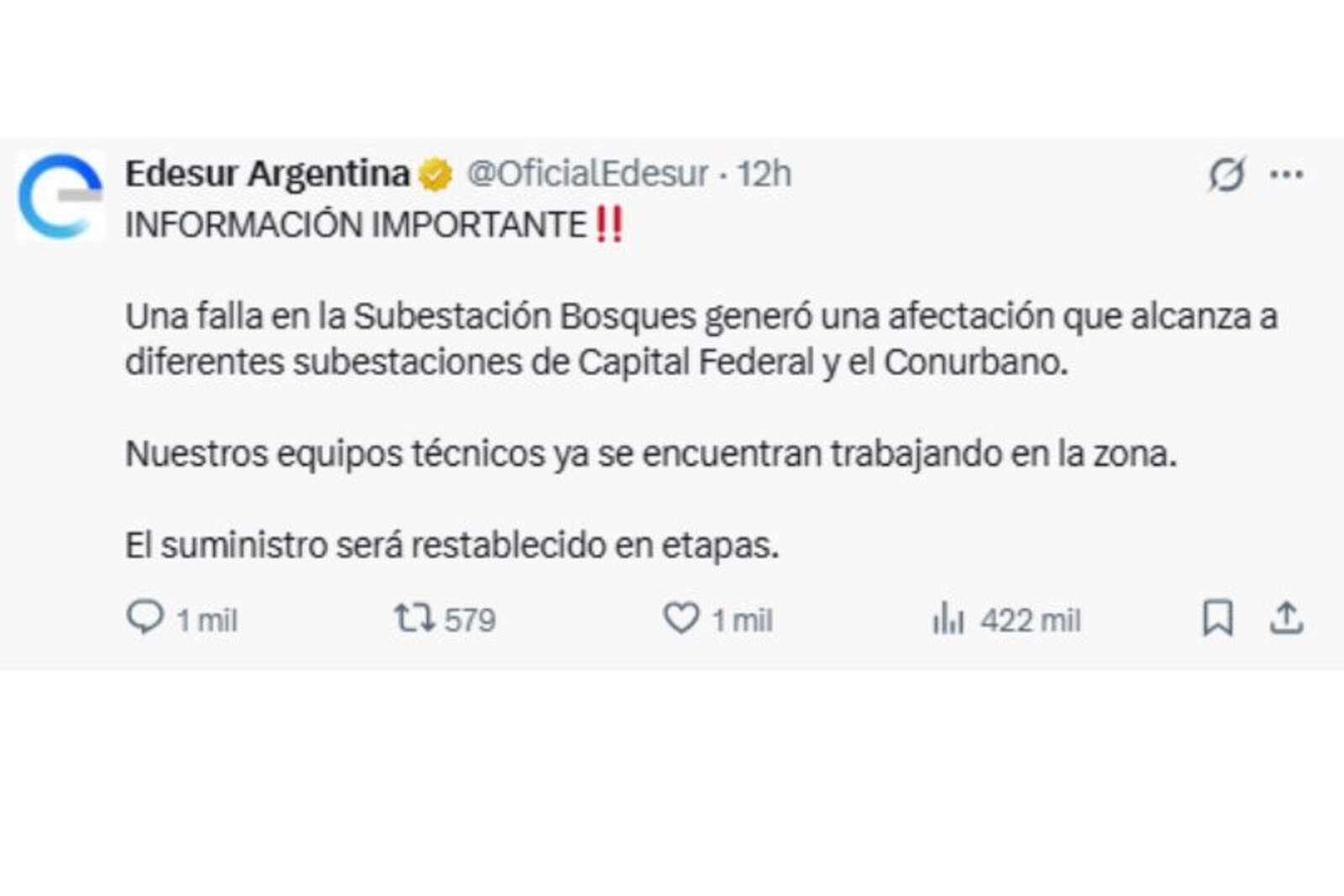 El comunicado de Edesur