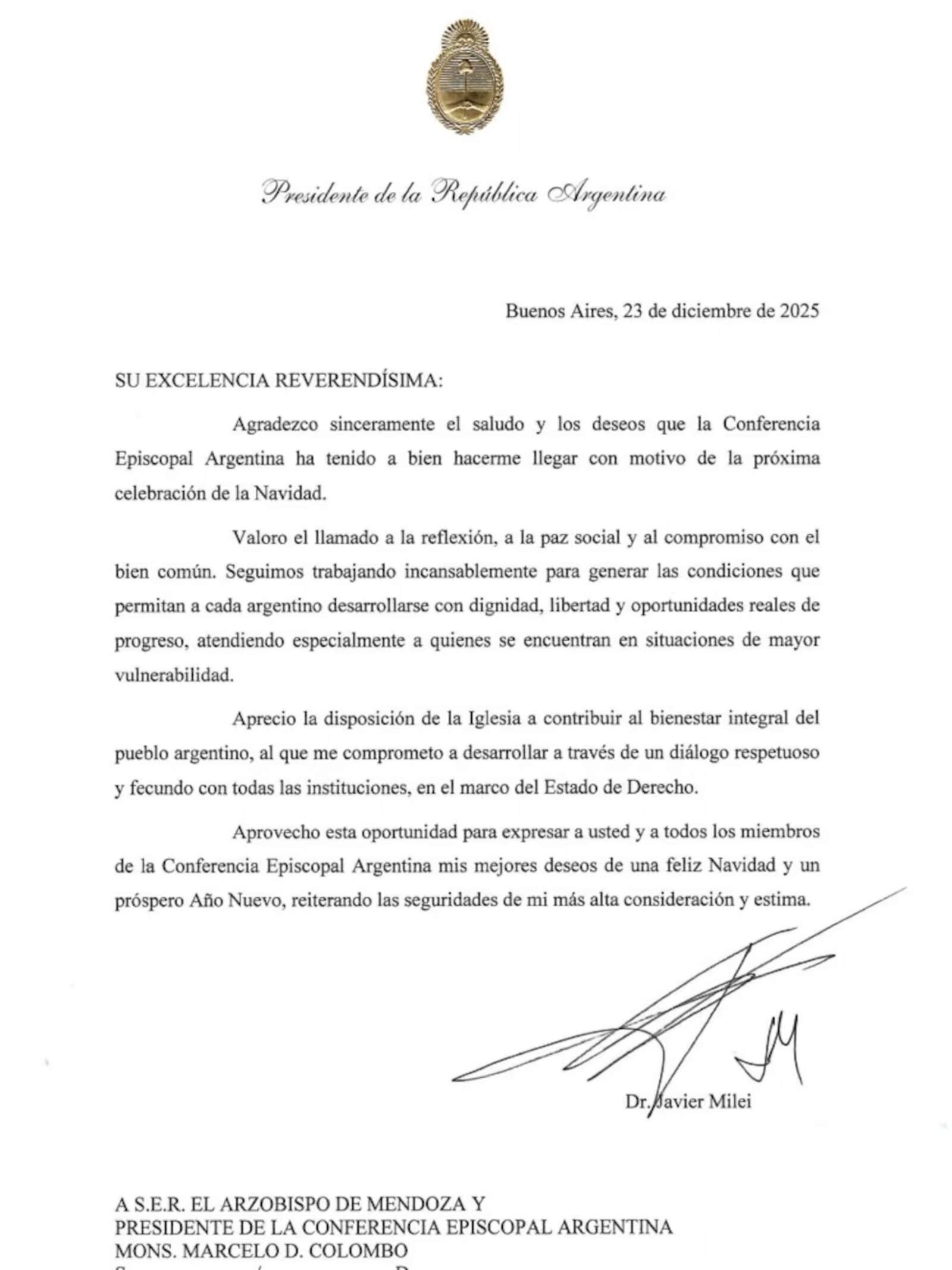 Carta de Javier Milei a la Conferencia Episcopal Argentina.