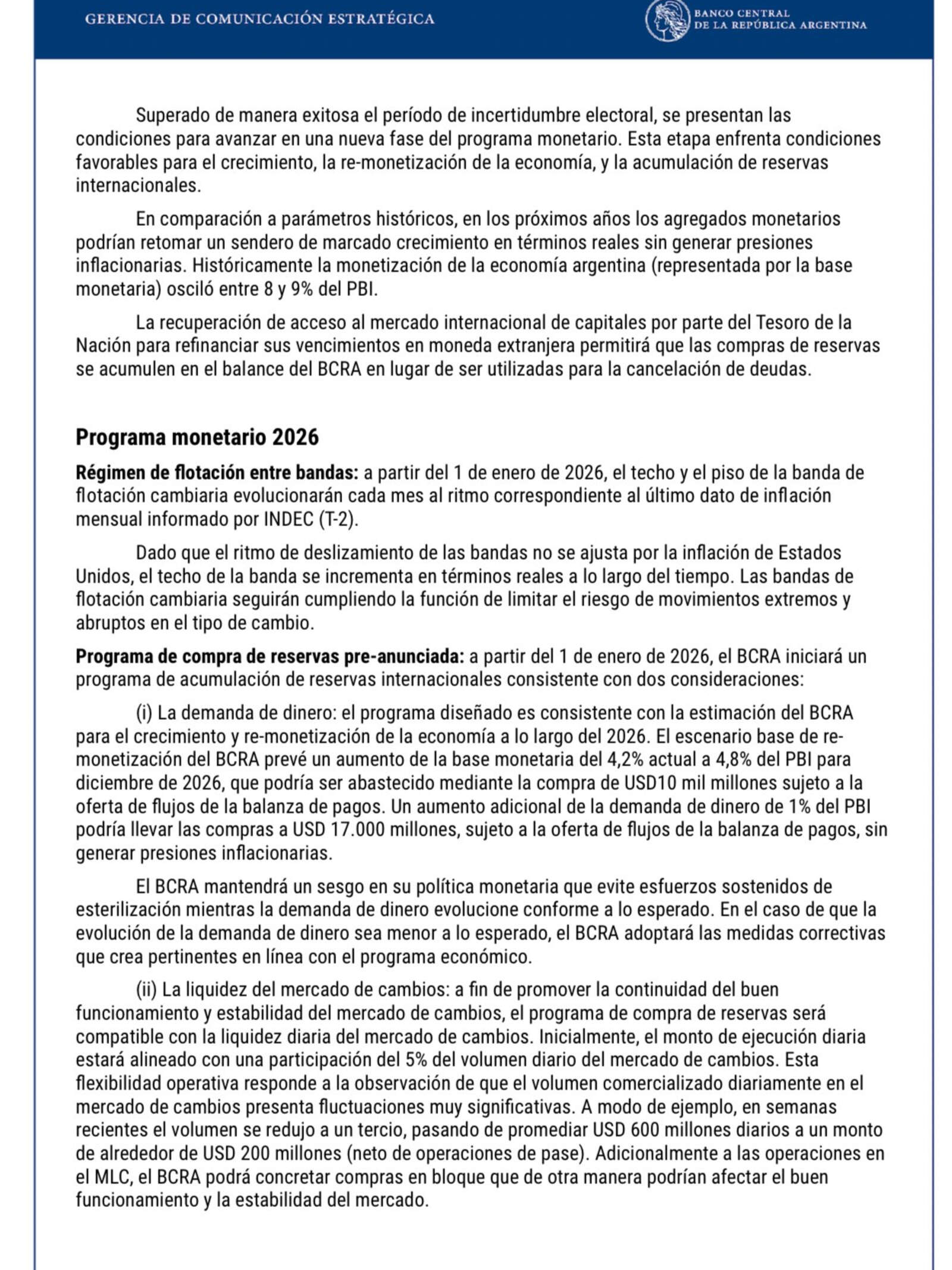 El comunicado del BCRA.