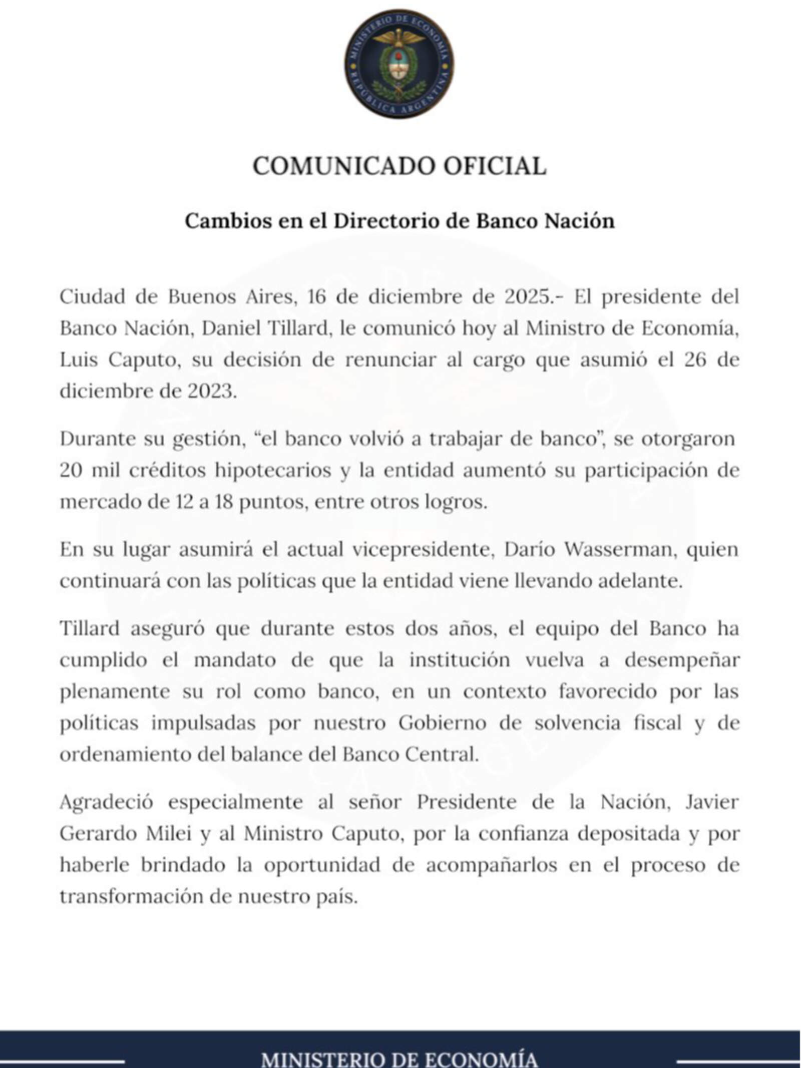El Banco Nación confirmó la salida de Daniel Tillard y la continuidad del rumbo