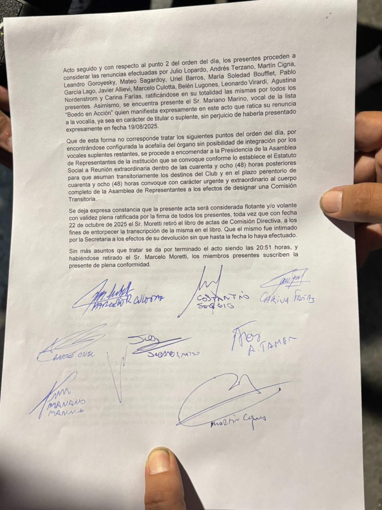 El acta que firmaron varios dirigentes de San Lorenzo