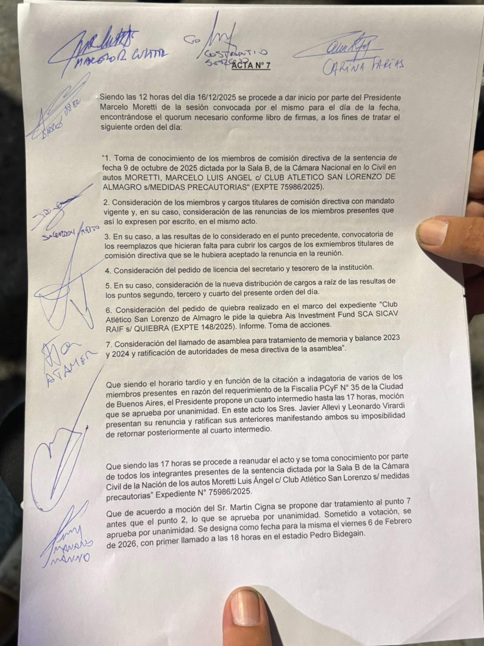 El acta que firmaron varios dirigentes de San Lorenzo