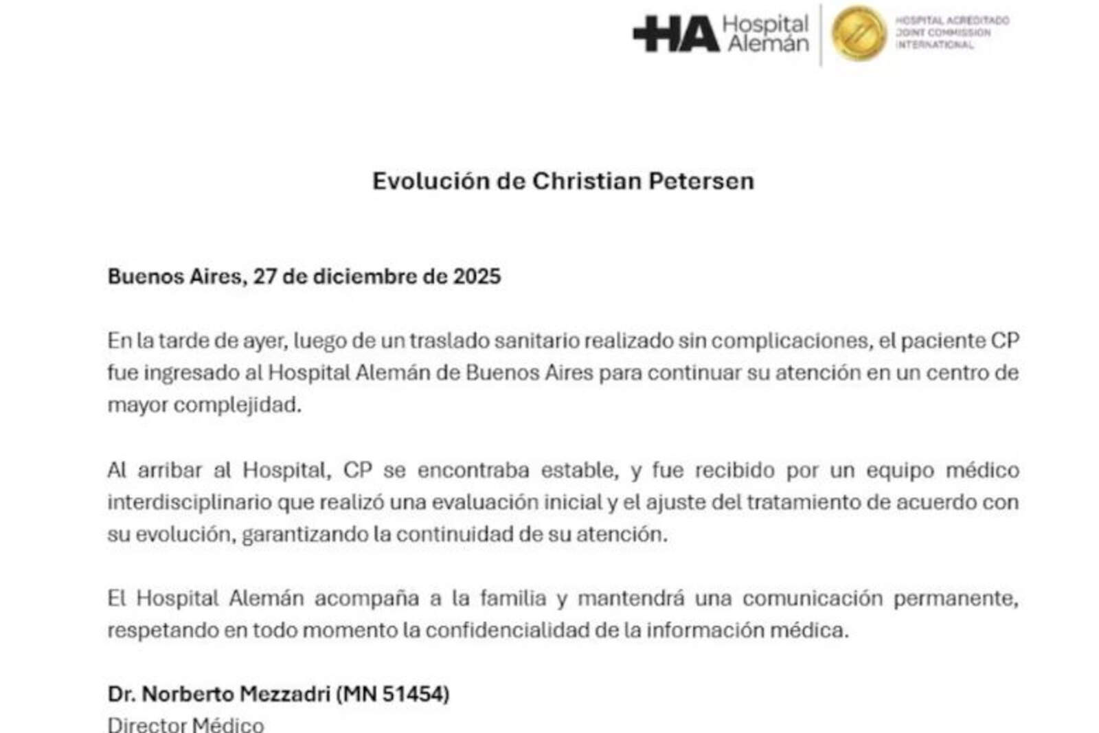 El comunicado compartido por el Hospital Alemán