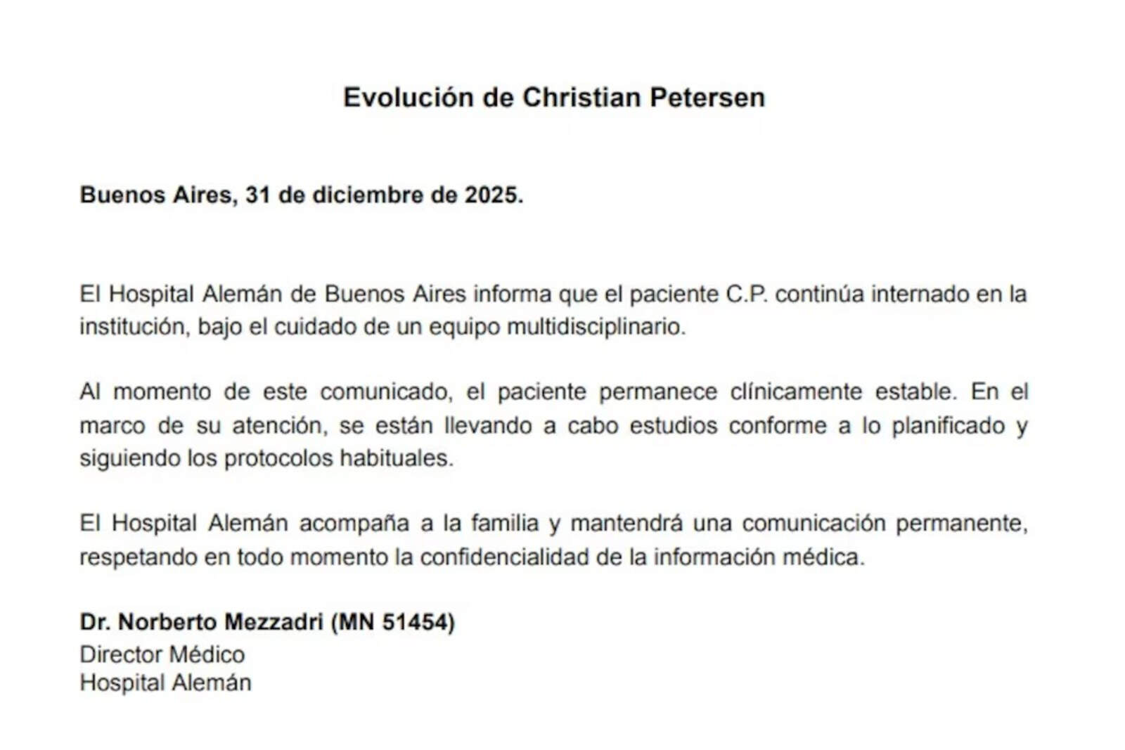 El comunicado oficial del Hospital Alemán sobre el estado de salud de Christina Petersen