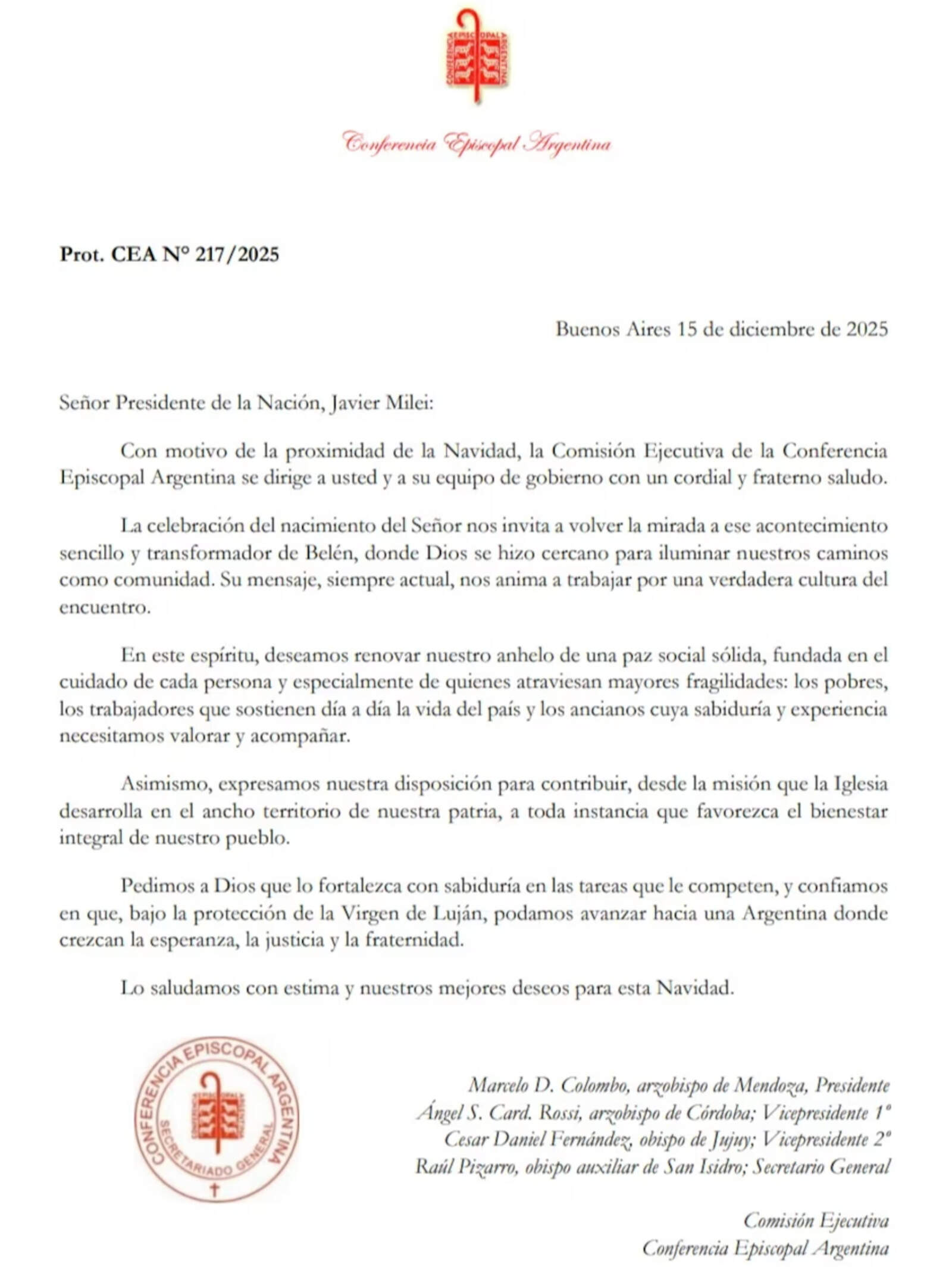 Carta de la Conferencia Episcopal Argentina.