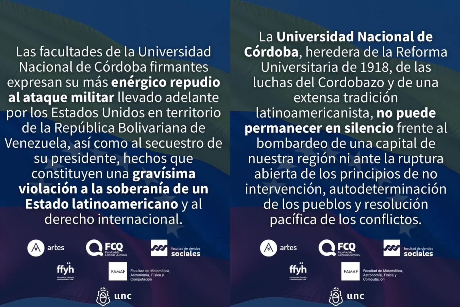 Cinco facultades de la Universidad Nacional de Córdoba emitieron un vergonzoso comunicado rechazando la detención del narcodictador Nicolás Maduro.