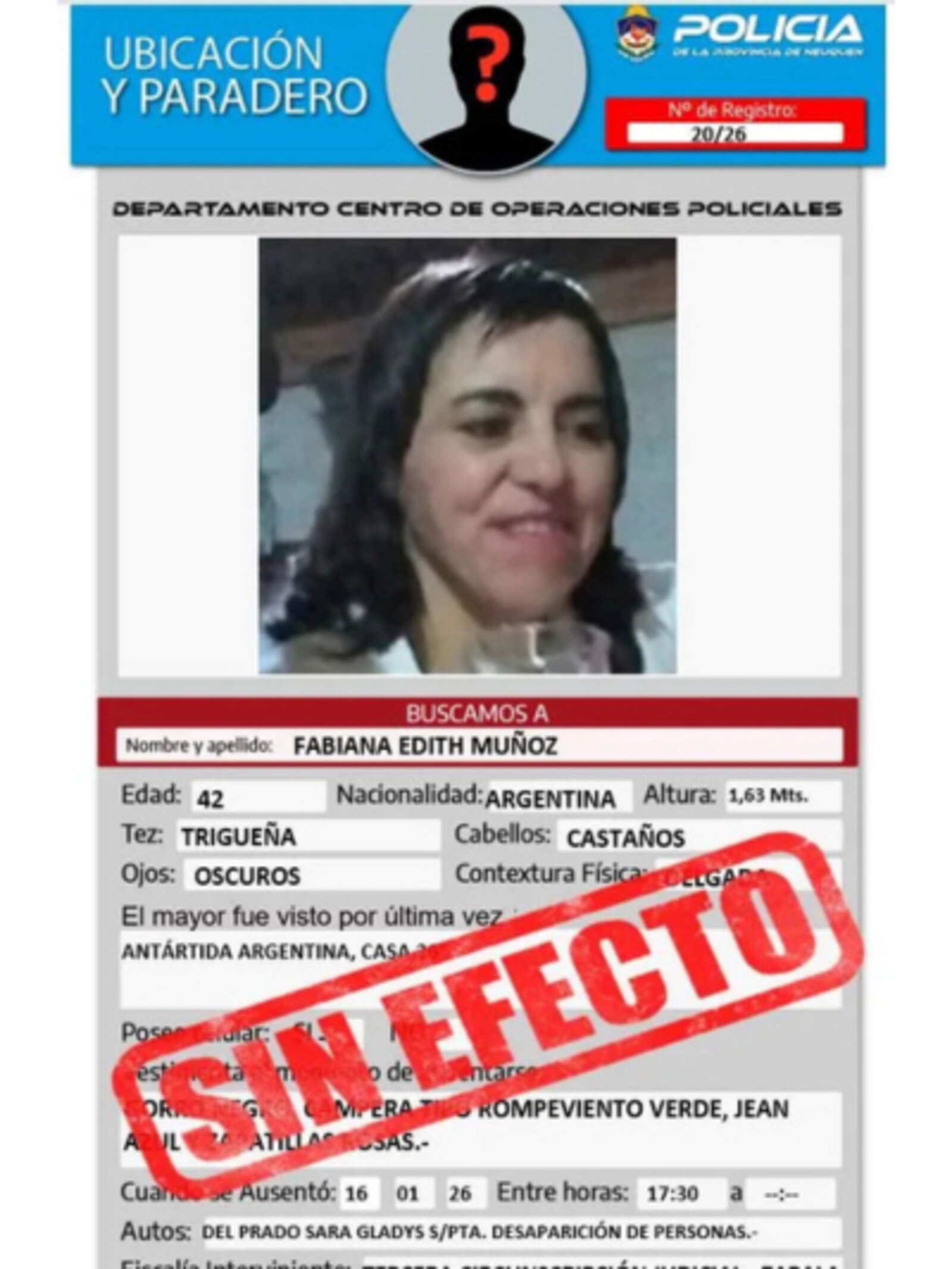 El cartel de persona desaparecida de la hermana de Acuña