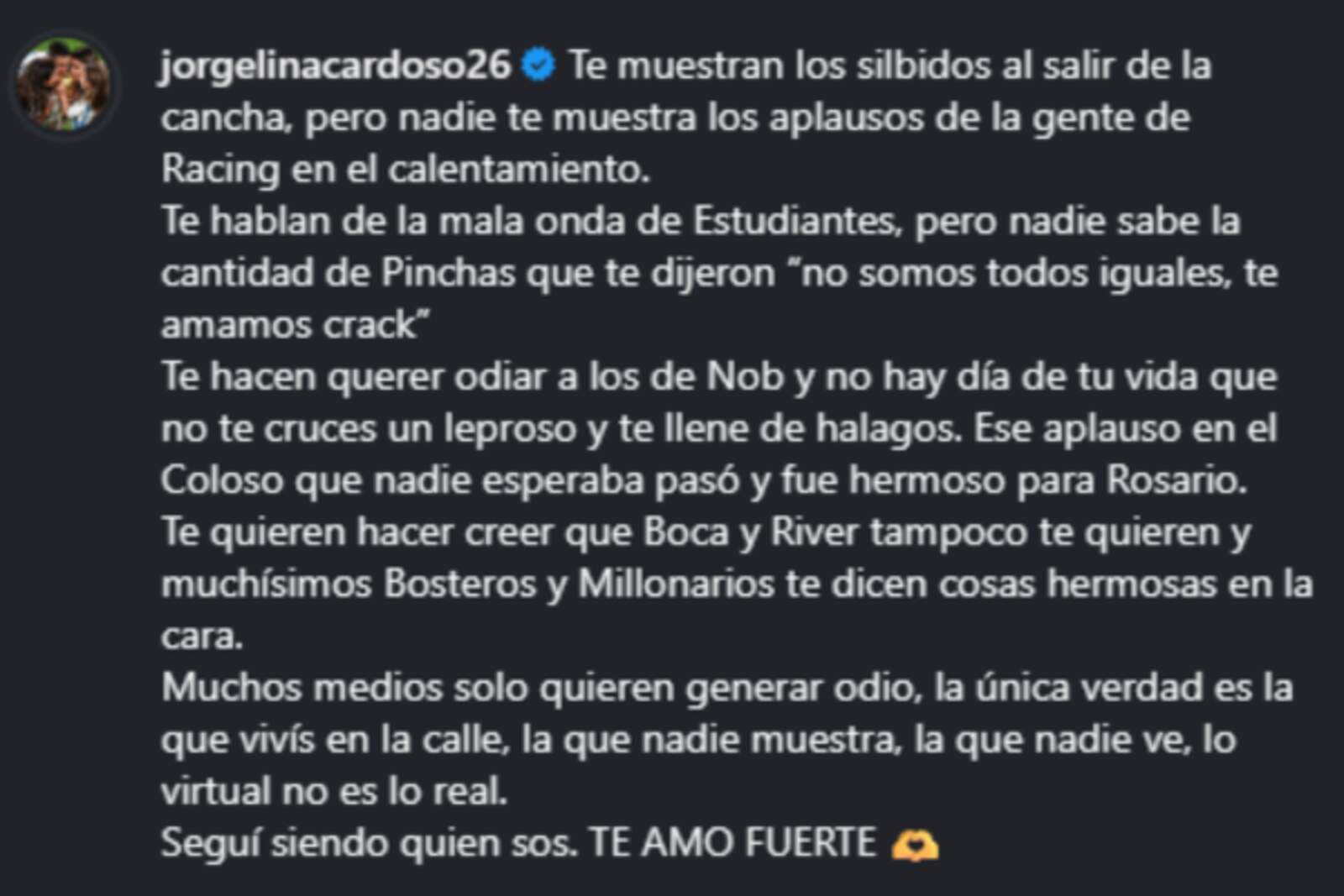 El posteo de Jorgelina Cardoso