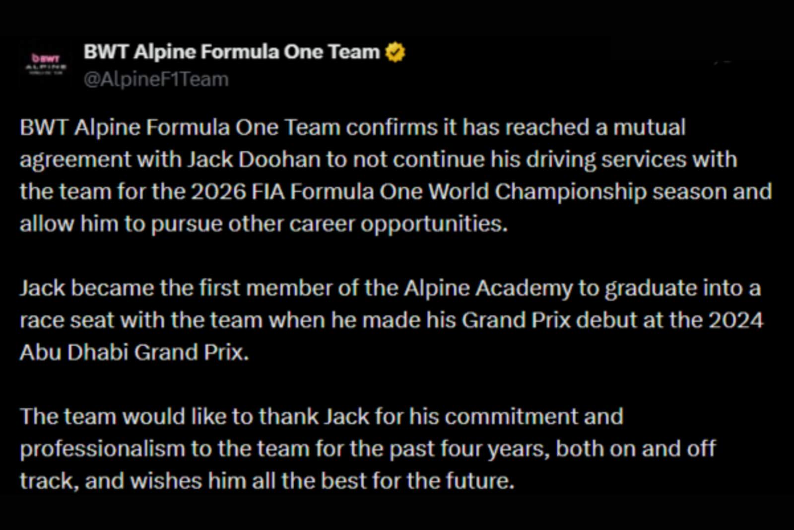 El posteo de Alpine en X