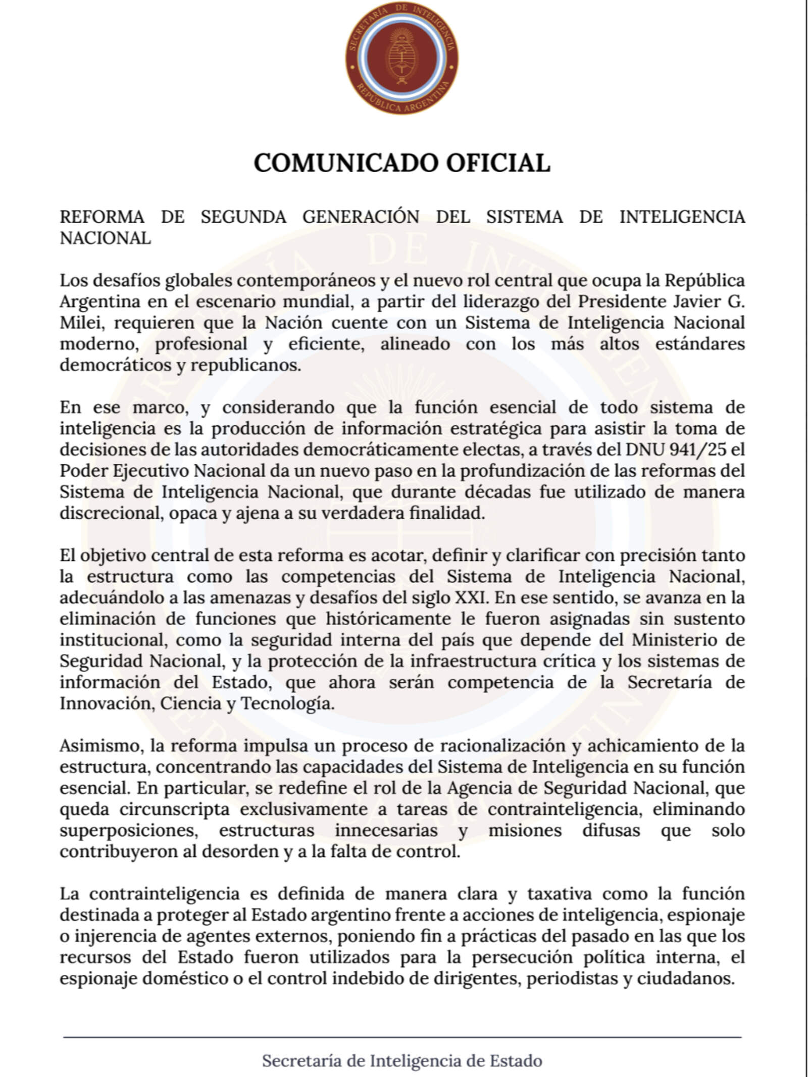 Comunicado Oficial de la SIDE