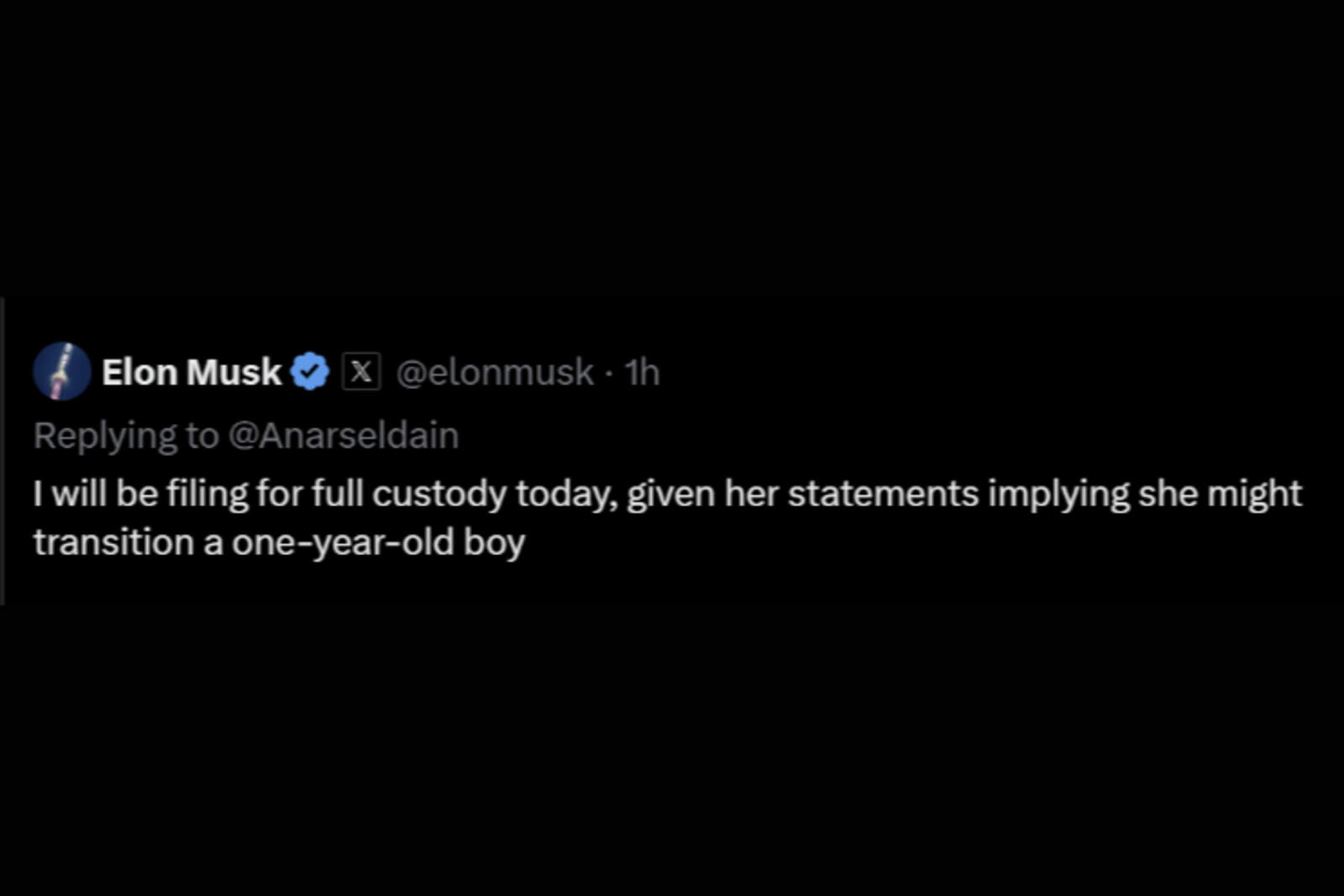 Publicación en X de Elon Musk, asegurando que pedirá la custodia