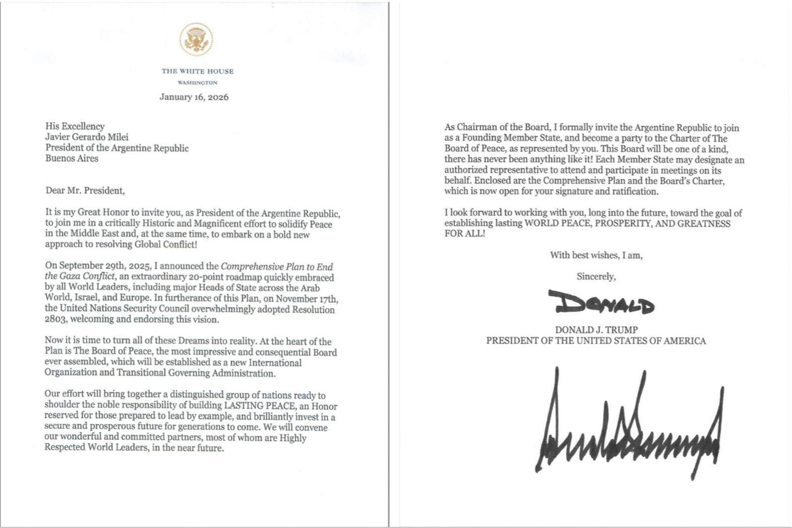 Carta de Donald Trumo al Presidente Milei