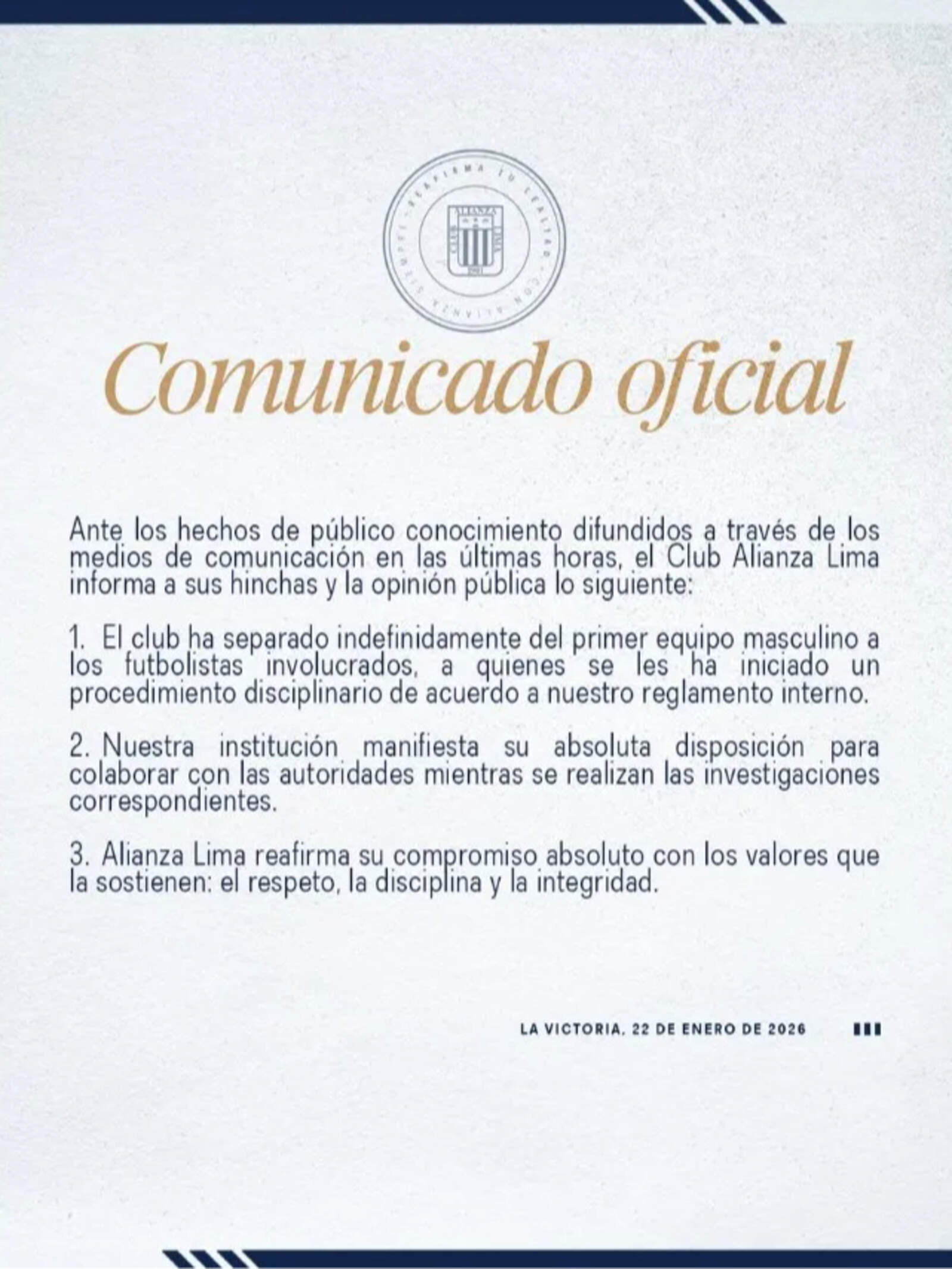 El comunicado de Alianza Lima