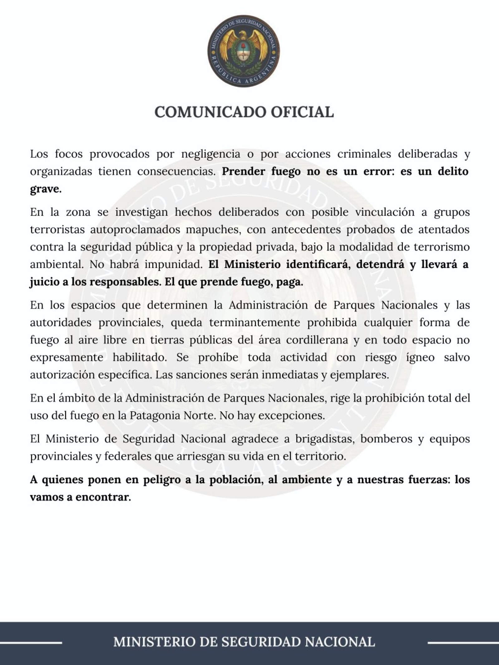 El comunicado del Ministerio de Seguridad Nacional.