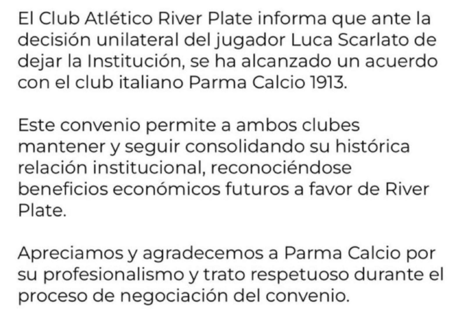 El comunicado de River