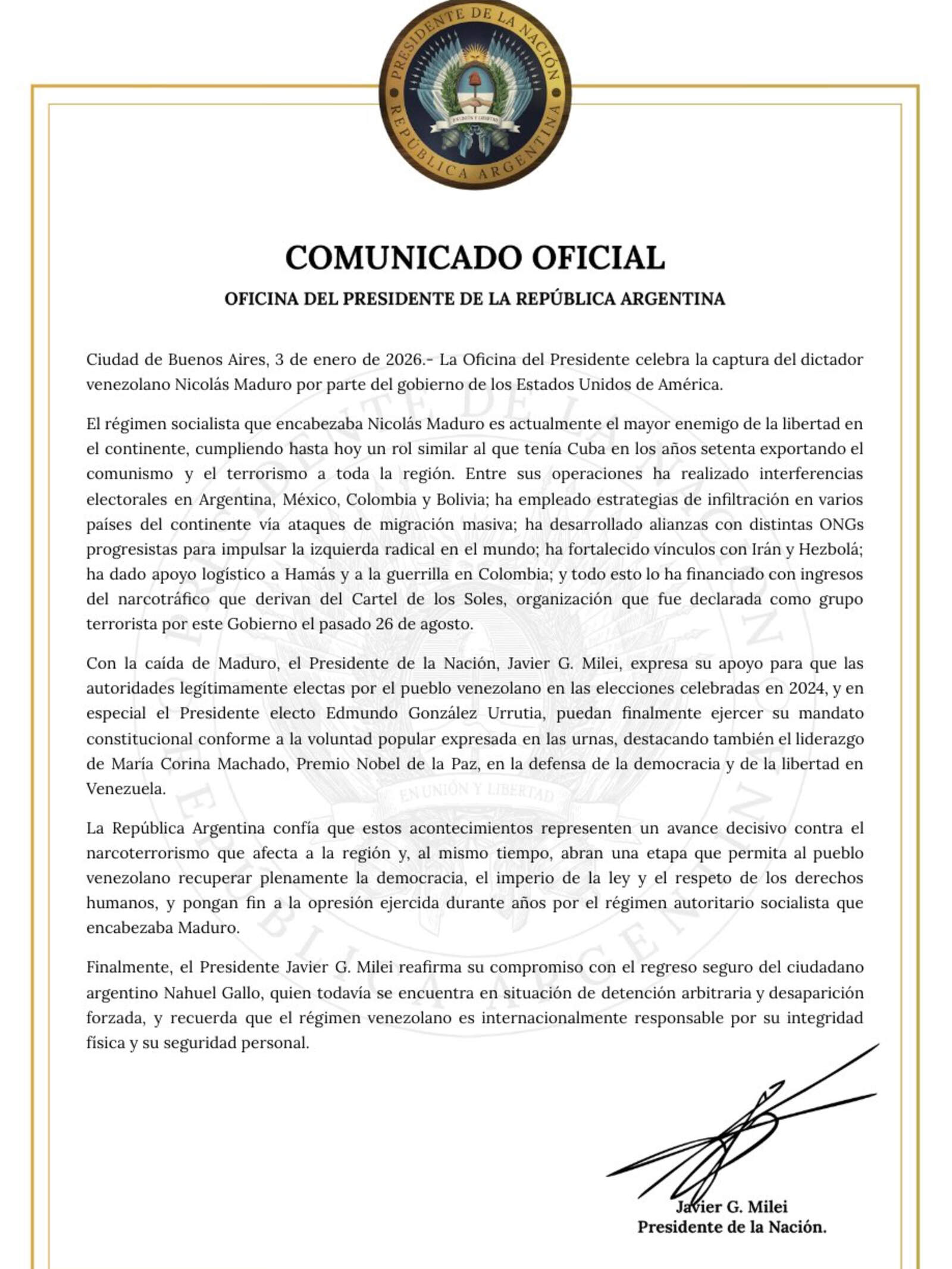 El comunicado del Gobierno de Milei.
