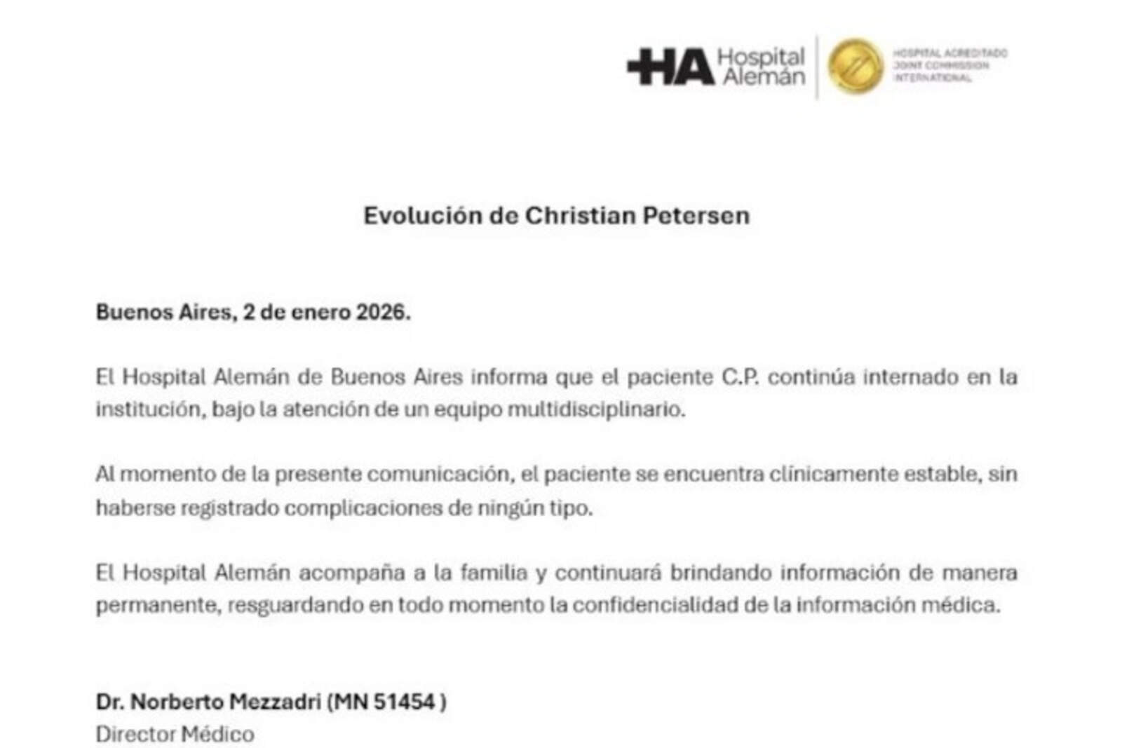 El documento compartido por el Hospital Alemán