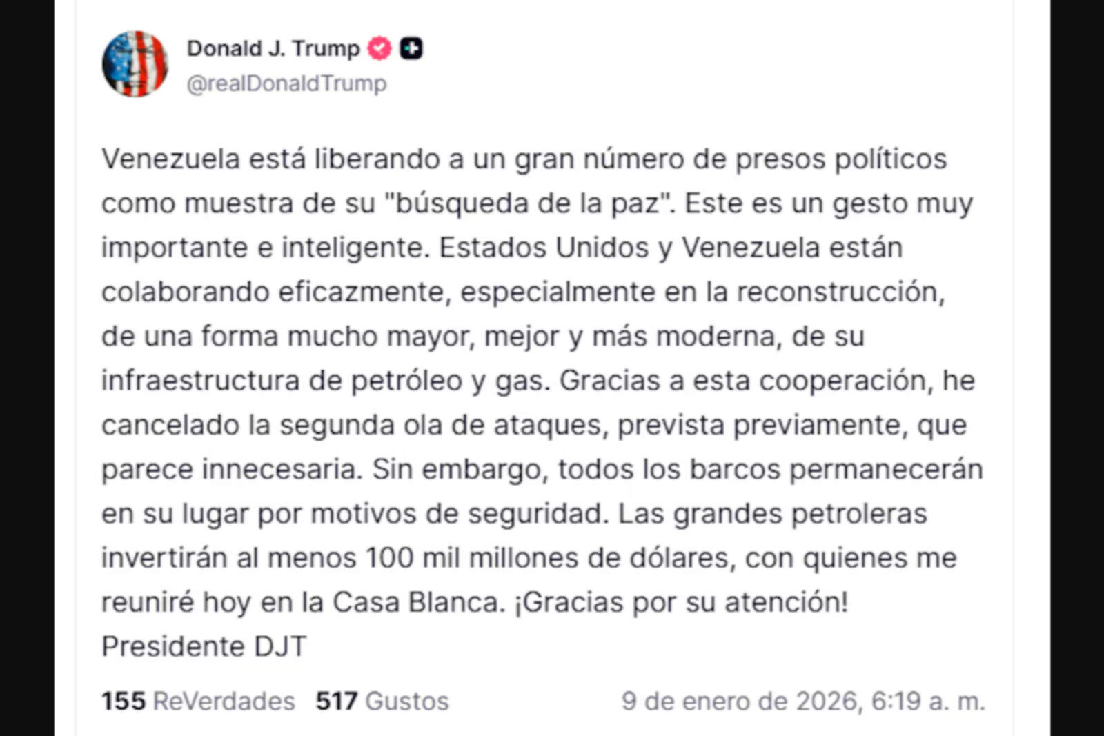 Trump cancela la segunda fase de ataques en Venezuela tras la liberación de presos políticos