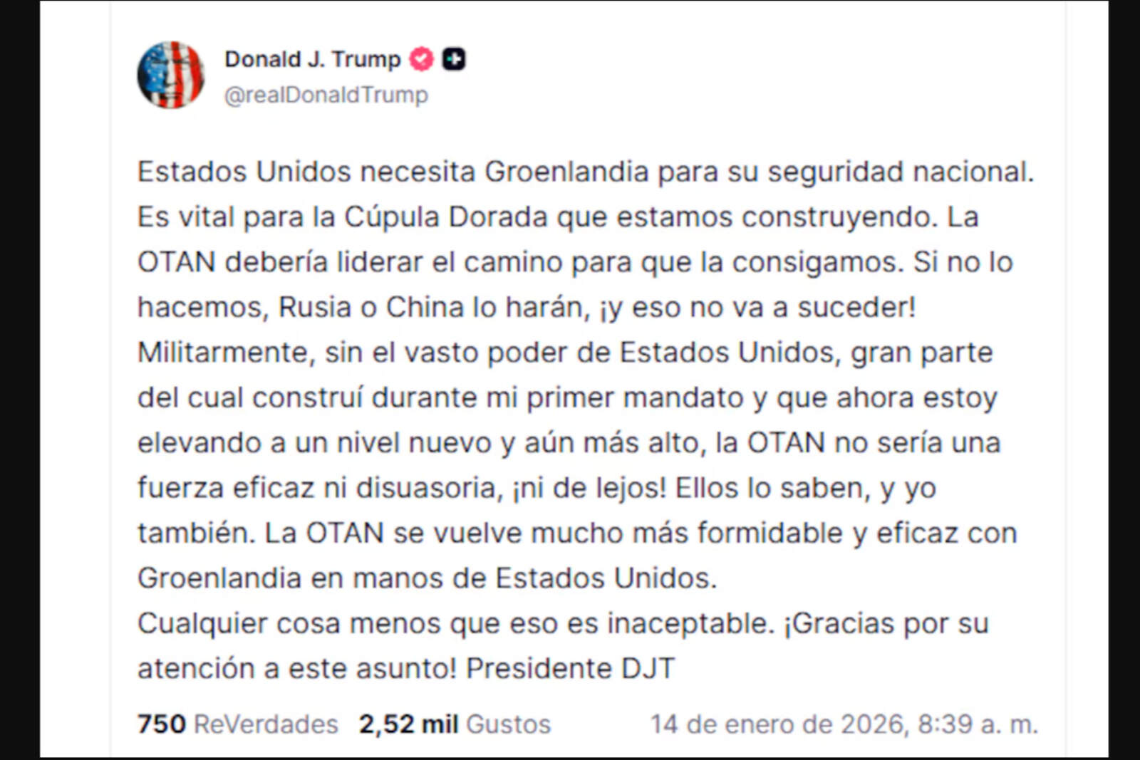 Trump afirmó que Groenlandia es vital para la implementación del escudo antimisiles Cúpula Dorada