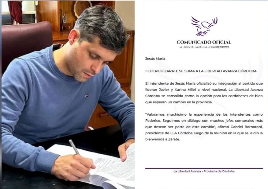 Federico Zarate, intendente de Jesús María, selló su pase oficial a La Libertad Avanza Córdoba.