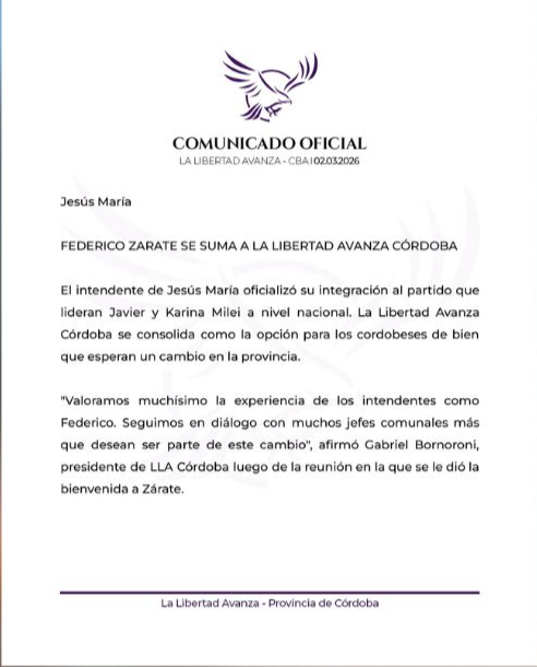 Comunicado oficial de La Libertad Avanza Córdoba.