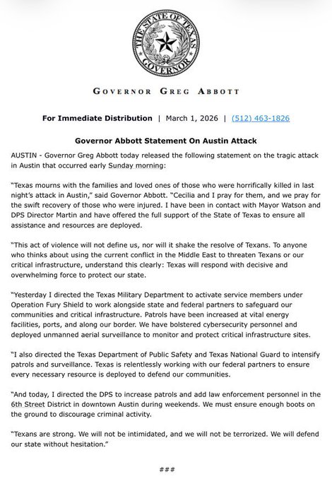 El gobernador de Texas expresó sus condolencias para con los familiares de las víctimas 