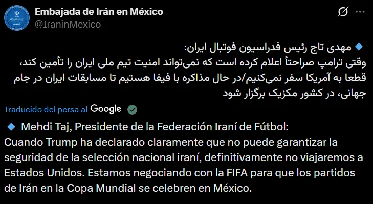 El posteo de la embajada iraní en México