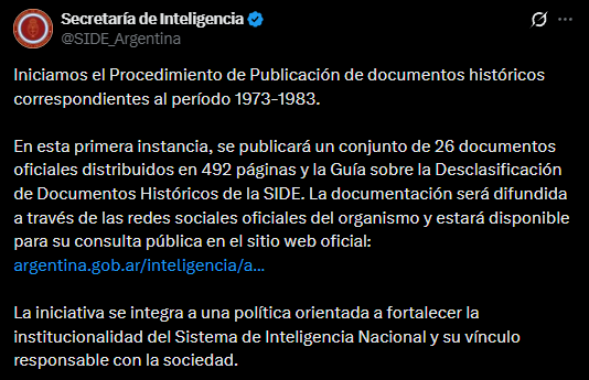 Publicación de la SIDE.