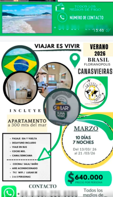Flyer de la empresa Travels Checkin donde se promocionaba una oferta de vacaciones en Brasil