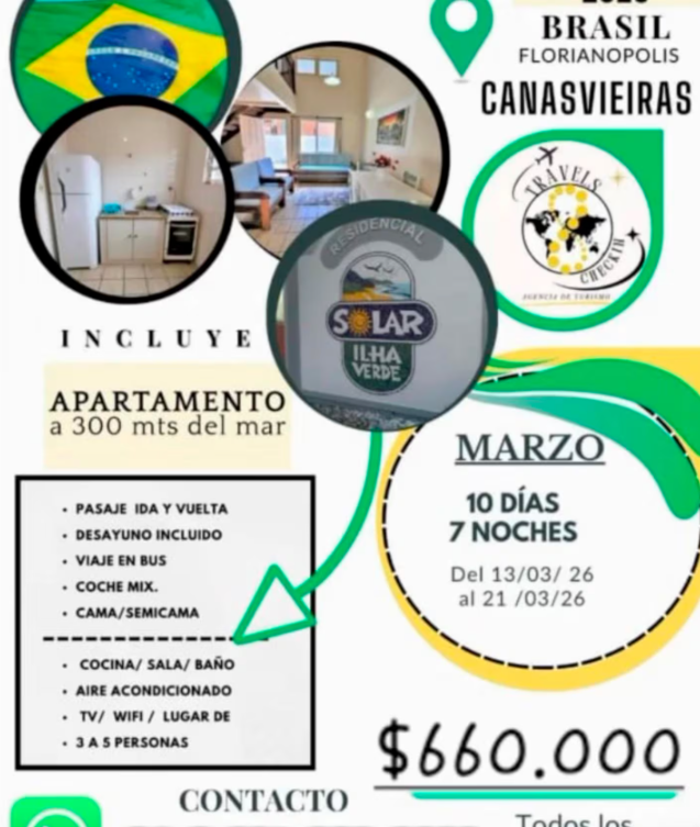 Flyer de la empresa Travels Checkin donde se promocionaba una oferta de vacaciones en Brasil