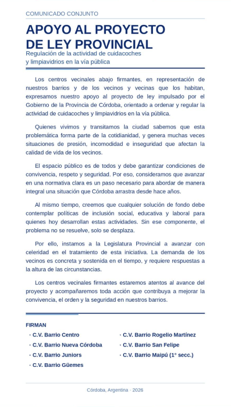 Documento firmado por 7 centros vecinales de Córdoba para exigir el fin de la actividad de los cuidacoches ilegales