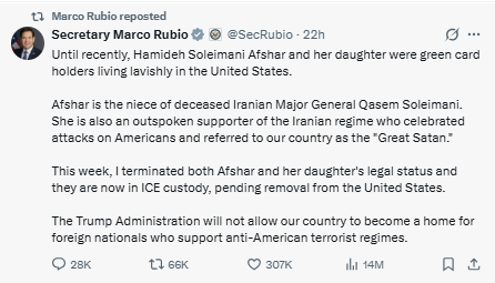 Marco Rubio announced the revocation of the immigration status of Qasem Soleimani's niece and daughter