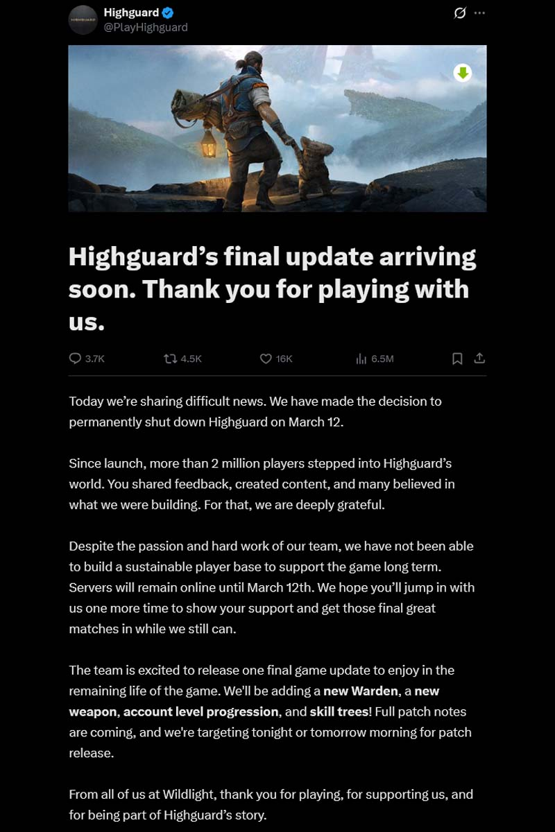 La decisión de cerrar Highguard fue confirmada por Wildlight Entertainment