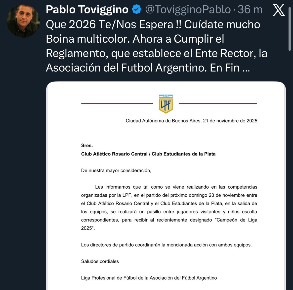 The tweet with Toviggino's threat to Verón, because Estudiantes did not make the hall of honor to Rosario Central.