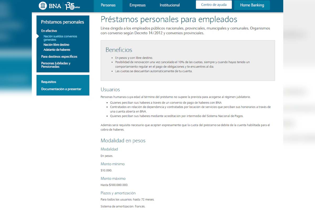 Banco Nación: loans of up to $100,000,000