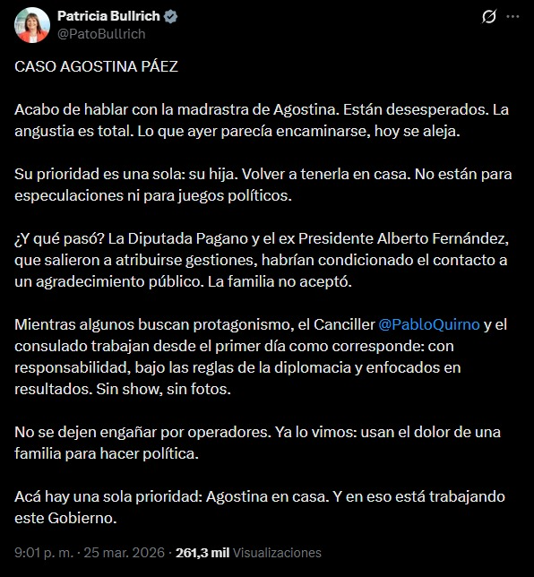 Patricia Bullrich se expresó a través de la red social X.