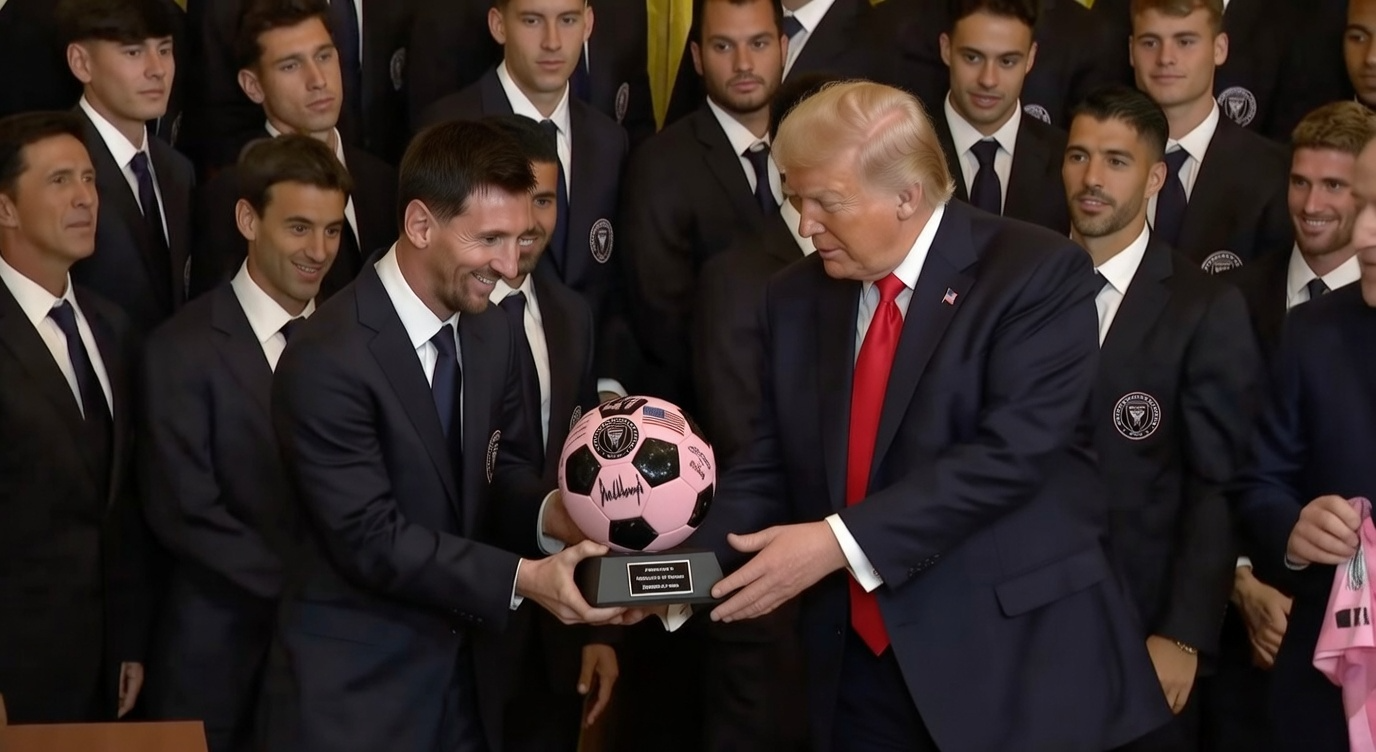 Trump presents Messi with an award.