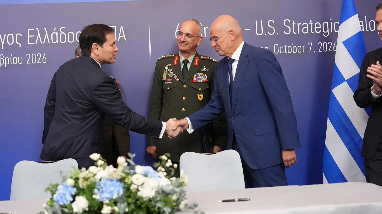 Marco Rubio junto al ministro de defensa de Grecia