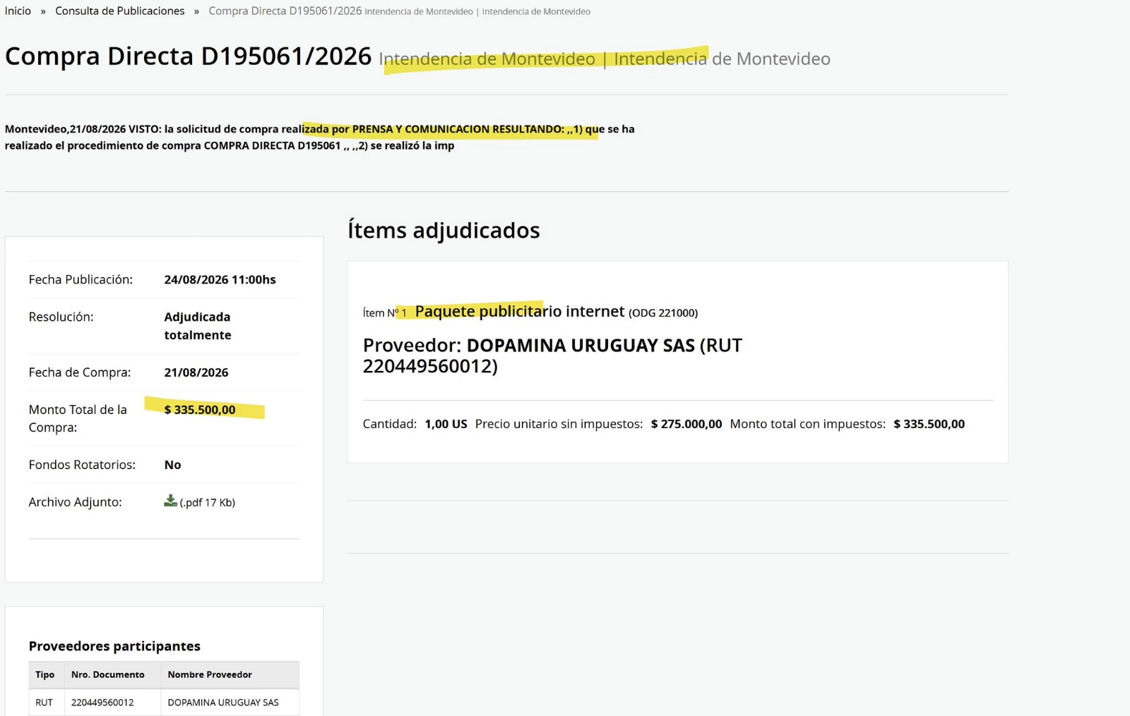 Image of the money received from the Montevideo municipality for the Dopamina channel