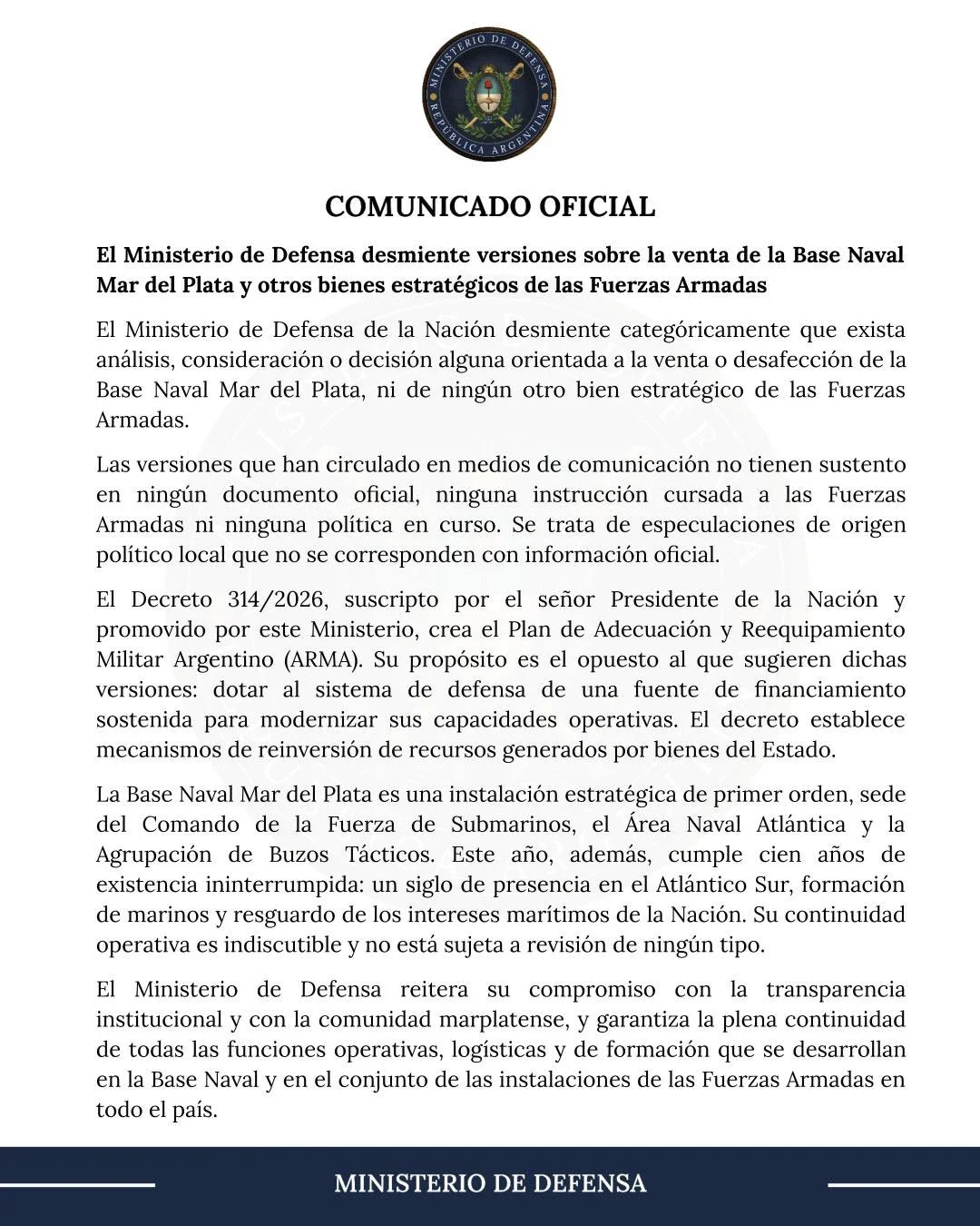 El comunicado emitido por el Ministerio.
